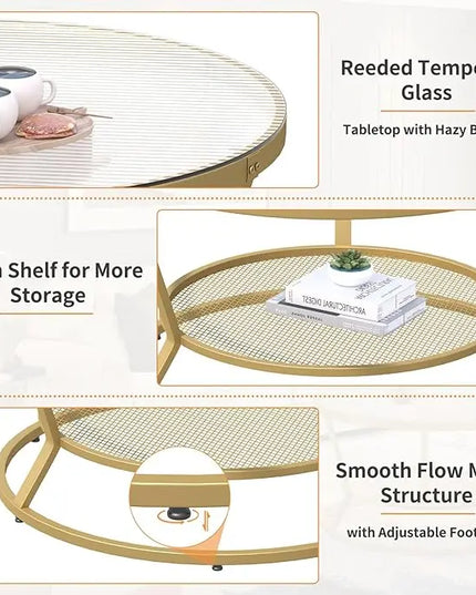 O&K FURNITURE Round Gold Coffee Table, 2-Tier Coffee Table for Living Room, Gold Glass Coffee Table with Ring-Shaped Frames, Center Table for Home&Office, Gold Finish - LeafyLoom
