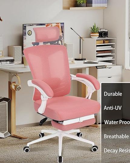 Vonesse Ergonomic Office Chair High Back Computer Mesh Office Chair with Footrest Big and Tall Office Chair Adjustable Home Office Chair Comfy Executive Desk Chair Pink - LeafyLoom