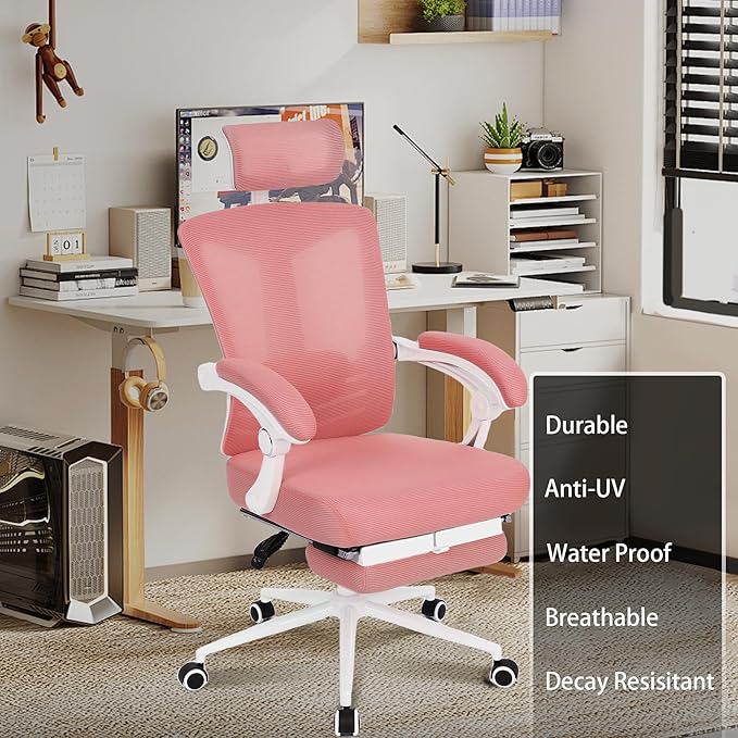 Vonesse Ergonomic Office Chair High Back Computer Mesh Office Chair with Footrest Big and Tall Office Chair Adjustable Home Office Chair Comfy Executive Desk Chair Pink - LeafyLoom