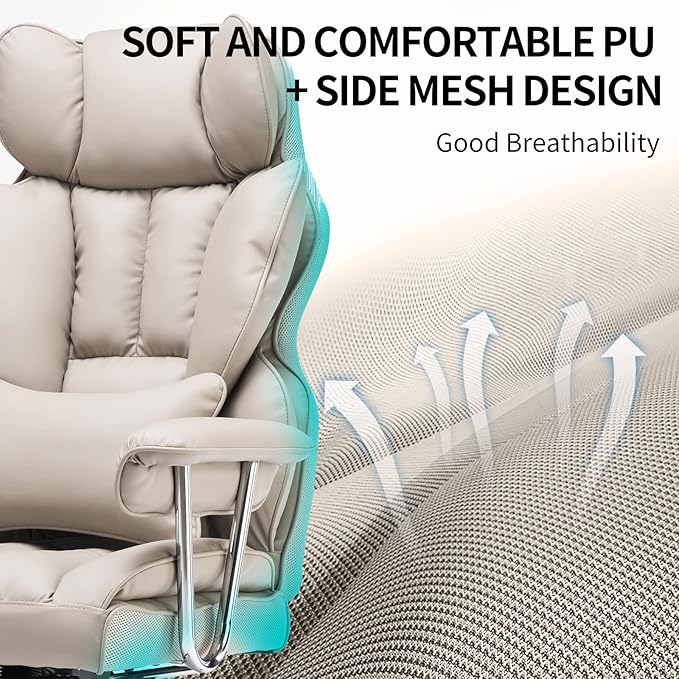 Desk Office Chair 400LBS, Big and Tall Office Chair, PU Leather Computer Chair, Executive Office Chair with Leg Rest and Lumbar Support, Grey Office Chair 1 - LeafyLoom