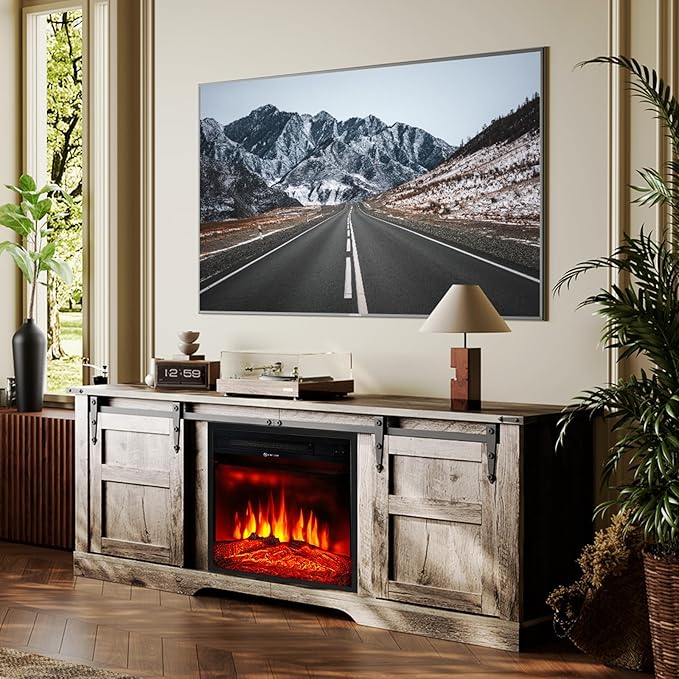 oneinmil Fireplace TV Stand with 18” Electric Fireplace, 58” TV Console Stand for TVs Up to 65", Entertainment Center, Fireplace for The Living Room TV Stand, Grey - LeafyLoom