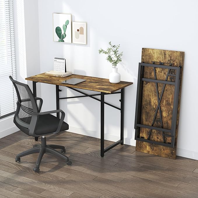 47 inch Folding Computer Desk, Writing Gaming Computer Camping Table, No Assembly Required Home Office Desk, Rustic Brown - LeafyLoom