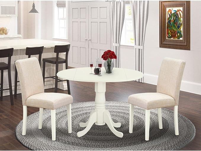 East West Furniture DLAB3-LWH-02 3 Piece Modern Dining Table Set Contains a Round Wooden Table with Dropleaf and 2 Light Beige Linen Fabric Upholstered Chairs, 42x42 Inch, Linen White - LeafyLoom