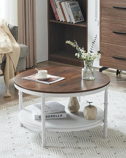 VINGLI 31.5" Rustic Oak White Wood Round Farmhouse Coffee Table, 2-Tier Storage Wood Center Circle Accent Table for Living Room, Bedroom, Apartment, Studio and Small Spaces, Sturdy Metal Frame - LeafyLoom