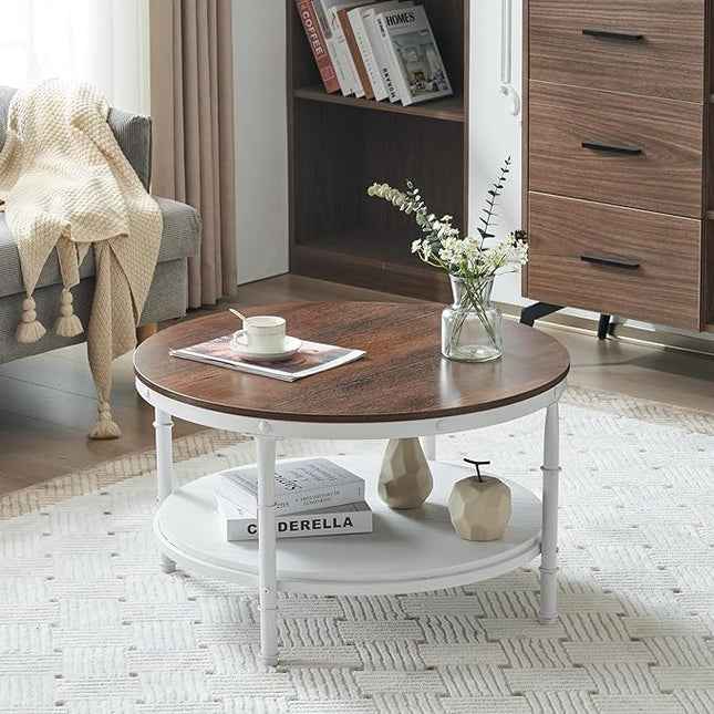 VINGLI 31.5" Rustic Oak White Wood Round Farmhouse Coffee Table, 2-Tier Storage Wood Center Circle Accent Table for Living Room, Bedroom, Apartment, Studio and Small Spaces, Sturdy Metal Frame - LeafyLoom