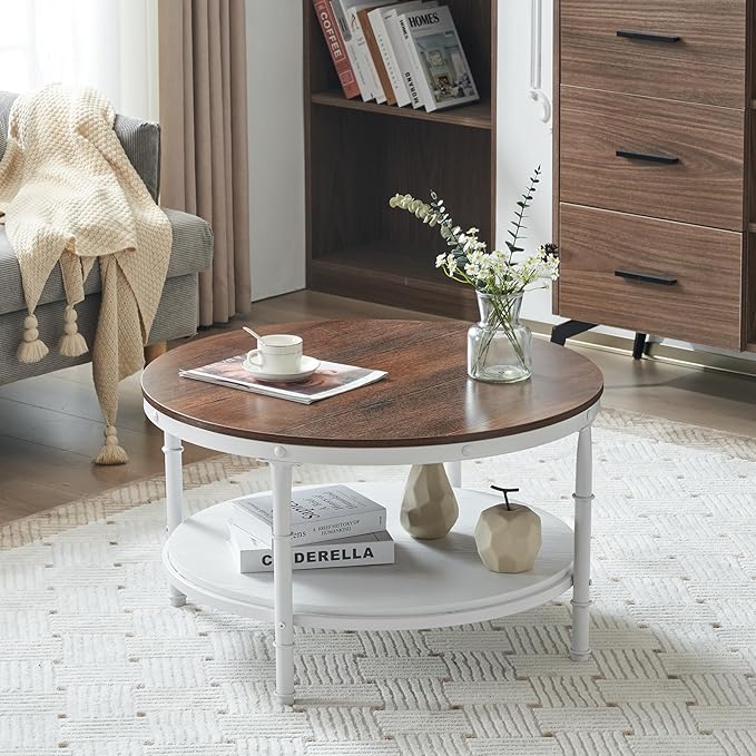 VINGLI 31.5" Rustic Oak White Wood Round Farmhouse Coffee Table, 2-Tier Storage Wood Center Circle Accent Table for Living Room, Bedroom, Apartment, Studio and Small Spaces, Sturdy Metal Frame - LeafyLoom