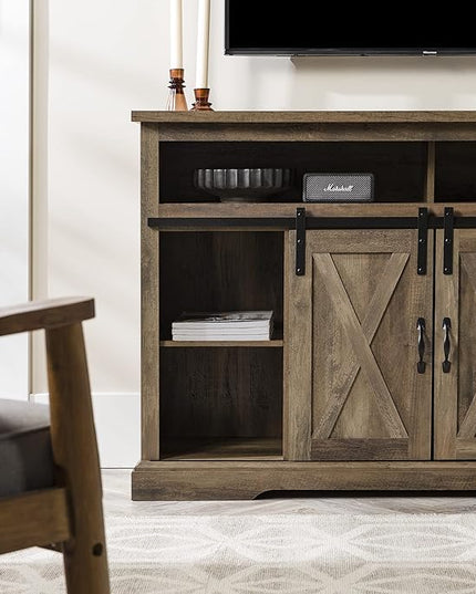 Walker Edison Clayton Farmhouse Sliding Double Barn Door TV Stand for TVs up to 58 Inches, 52 Inch, Rustic Oak - LeafyLoom
