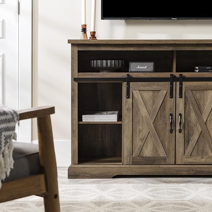 Walker Edison Clayton Farmhouse Sliding Double Barn Door TV Stand for TVs up to 58 Inches, 52 Inch, Rustic Oak - LeafyLoom