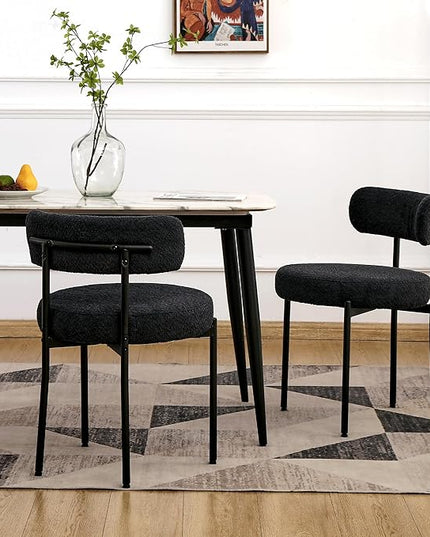 EDWELL Black Dining Chairs Set of 6, Mid-Century Modern Dining Room Chairs with Thick Cushions, Round Upholstered Boucle Dining Chair with Metal Legs for Kitchen, Living Room, Kitchen Chairs - LeafyLoom