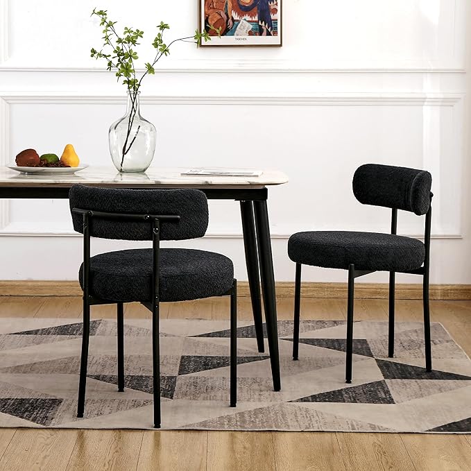 EDWELL Black Dining Chairs Set of 6, Mid-Century Modern Dining Room Chairs with Thick Cushions, Round Upholstered Boucle Dining Chair with Metal Legs for Kitchen, Living Room, Kitchen Chairs - LeafyLoom