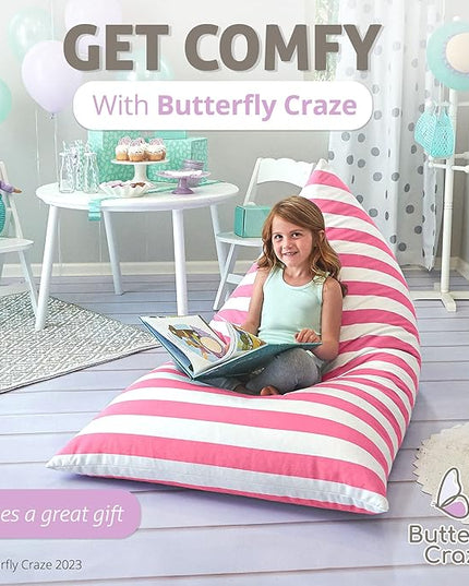 Butterfly Craze Bean Bag Chair Cover, Functional Toddler Toy Organizer, Fill with Stuffed Animals to Create a Jumbo, Comfy Floor Lounger for Boys or Girls, Stuffing Not Included, Light Pink Stripes - LeafyLoom
