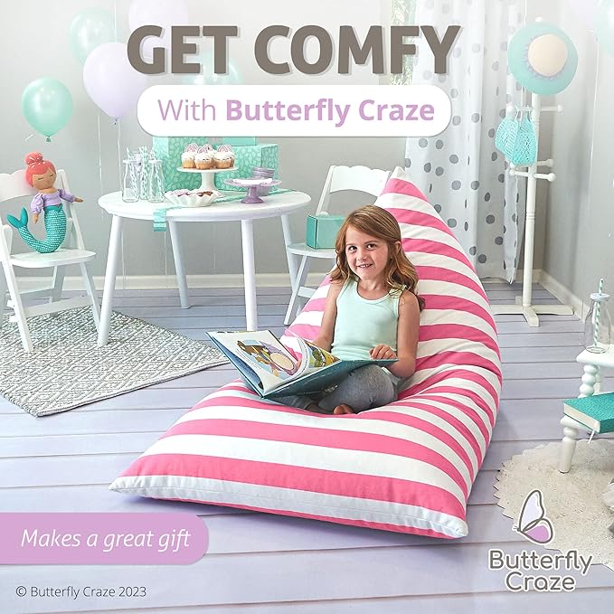 Butterfly Craze Bean Bag Chair Cover, Functional Toddler Toy Organizer, Fill with Stuffed Animals to Create a Jumbo, Comfy Floor Lounger for Boys or Girls, Stuffing Not Included, Light Pink Stripes - LeafyLoom