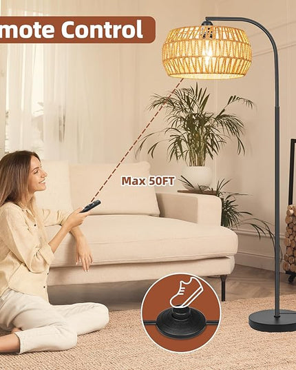 Floor Lamp with Remote, Rattan Standing Lamp with Rattan & Linen Shades, Boho Farmhouse Standing Lamps with Stepless Dimmable Bulb, Black Metal Base Rattan Lamp for Living Room, Bedroom, Office - LeafyLoom