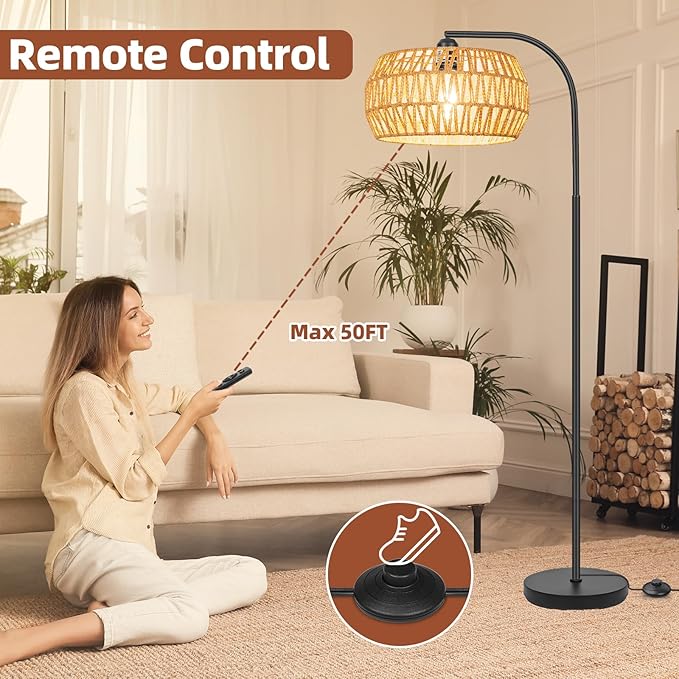Floor Lamp with Remote, Rattan Standing Lamp with Rattan & Linen Shades, Boho Farmhouse Standing Lamps with Stepless Dimmable Bulb, Black Metal Base Rattan Lamp for Living Room, Bedroom, Office - LeafyLoom