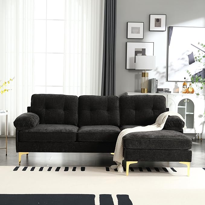 L Shaped Convertible Sleeper Sectional Sofa with Reversible Chaise, 3 Seater Corner Couch Bed with Detachable Pillow Armrest and Golden Metal Legs for Living Room Apartment Small Space - LeafyLoom