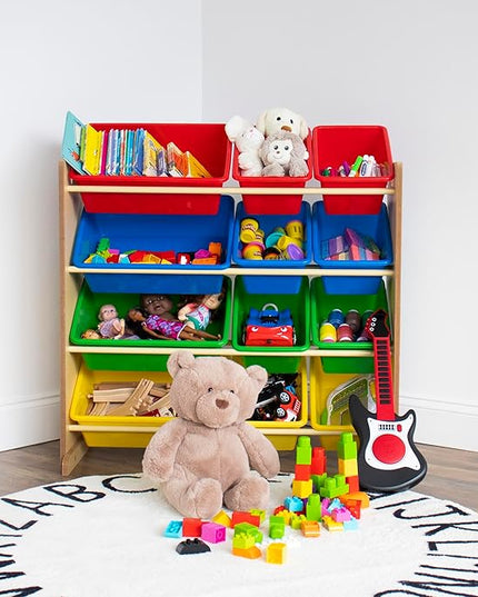 Humble Crew, Natural/Primary Kids' Toy Storage Organizer with 12 Plastic Bins, 34*35*15.5inch - LeafyLoom
