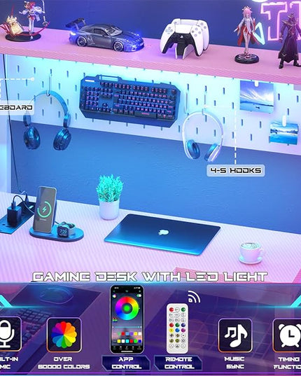 Homieasy Small Gaming Desk with Power Outlets Pegboard LED Light, 43 Inch L Shaped Computer Desk with Monitor Stand Storage Shelves, Reversible Corner Desk with Headset Hooks, Carbon Pink - LeafyLoom