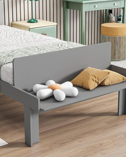 Twin Bed with Footboard Bench, Twin Kid Bed with Headboard, Wood Slat Support, Cute Kid Bed Frame with Book Storage Space, Twin Car Bed for Boys Girls Bedroom, No Box Spring Needed, Grey - LeafyLoom