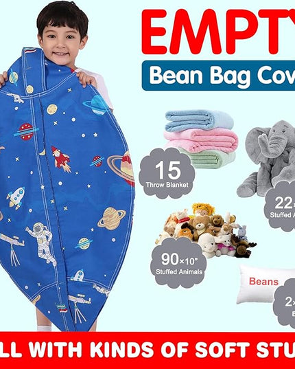 Lukeight Stuffed Animal Storage Bean Bag Chair Cover for Kids, Zipper Beanbag Chair Cover for Organizing Toddler & Kids' Rooms Plush Toys (Outer Space, X-Large) - LeafyLoom