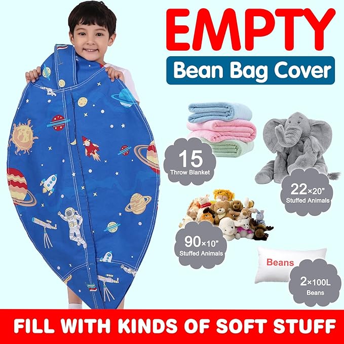 Lukeight Stuffed Animal Storage Bean Bag Chair Cover for Kids, Zipper Beanbag Chair Cover for Organizing Toddler & Kids' Rooms Plush Toys (Outer Space, X-Large) - LeafyLoom
