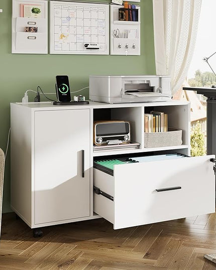 DEVAISE File Cabinet with Charging Station, 1-Drawer Lateral File Cabinets with lock for home office, Wooden Rolling Printer Stand with Shelves, White - LeafyLoom