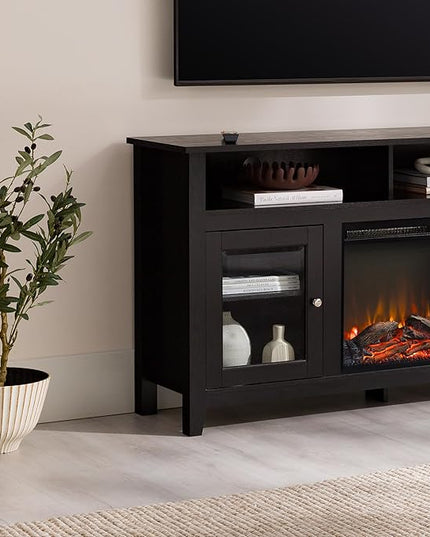 Walker Edison Glenwood Rustic Farmhouse Glass Door Highboy Fireplace TV Stand for TVs up to 65 Inches, 58 Inch, Black - LeafyLoom