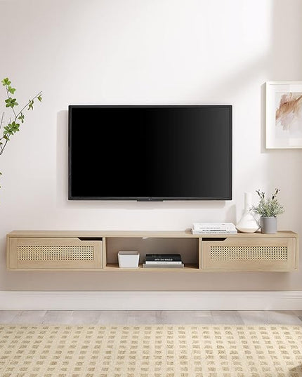 Walker Edison Modern Rattan Flip-Down-Door Wall-Mounted Floating Stand for TVs up to 80 Inches, 70 Inch, Coastal Oak - LeafyLoom
