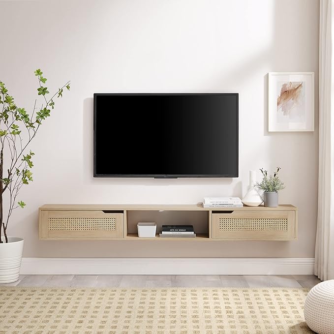 Walker Edison Modern Rattan Flip-Down-Door Wall-Mounted Floating Stand for TVs up to 80 Inches, 70 Inch, Coastal Oak - LeafyLoom