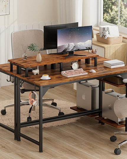 Furologee Computer Desk with Shelves and Fabric Drawer, 47" Home Office Gaming Desk with Monitor Stand, Reversible Study Writing Desk with Hooks, Rustic Brown - LeafyLoom