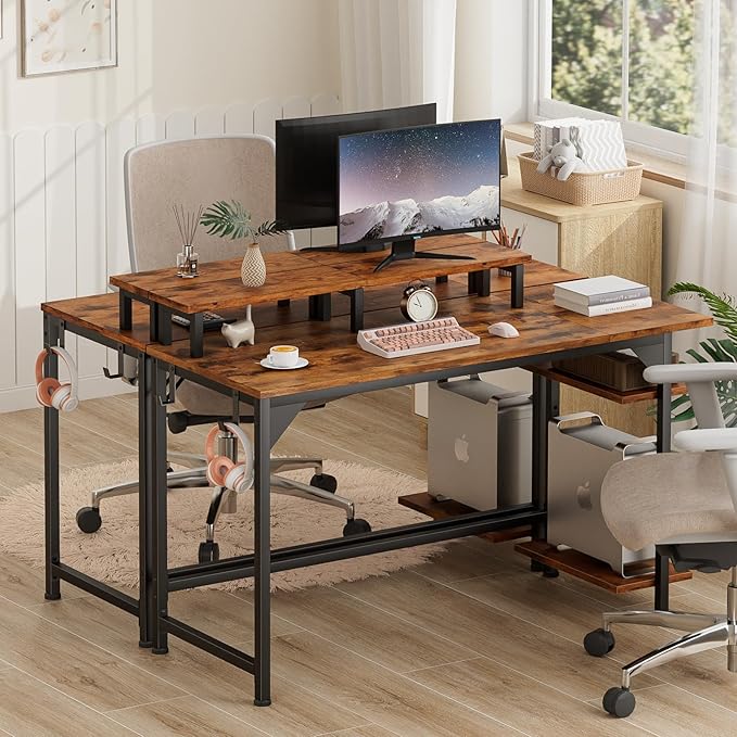 Furologee Computer Desk with Shelves and Fabric Drawer, 47" Home Office Gaming Desk with Monitor Stand, Reversible Study Writing Desk with Hooks, Rustic Brown - LeafyLoom