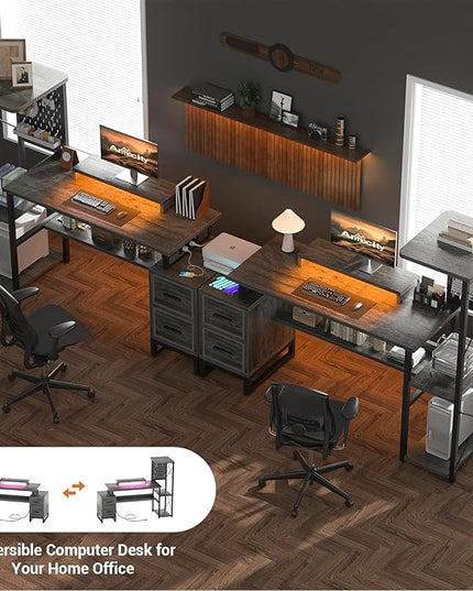 Computer Desk with 2 Fabric Drawers - Reversible Home Office Desk with Power Outlet & LED Lights, 53" Writing Desk with Monitor Stand & Storage Shelves, Gaming Desk Study Table with Pegboard, Grey Oak - LeafyLoom