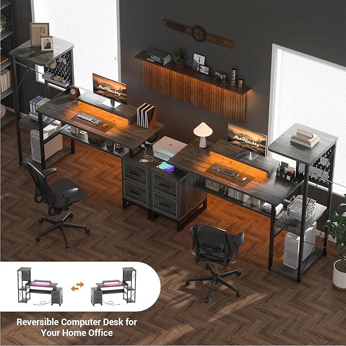 Computer Desk with 2 Fabric Drawers - Reversible Home Office Desk with Power Outlet & LED Lights, 53" Writing Desk with Monitor Stand & Storage Shelves, Gaming Desk Study Table with Pegboard, Grey Oak - LeafyLoom