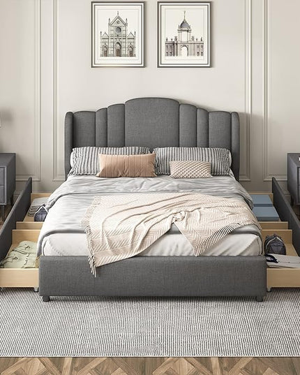 Queen Size Bed Frame with 4 Storage Drawers & Headboard Linen Upholstered Platform Bed Frame Wingback Beds with Sturdy Wooden Slats Support, Easy Assembly, Noise-Free - LeafyLoom