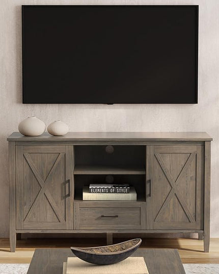 SIMPLIHOME Ela SOLID WOOD Wide Transitional Media Stand for TVs up to 60 inches for The Living Room and Entertainment Center, 53 inch, Smoky Brown - LeafyLoom