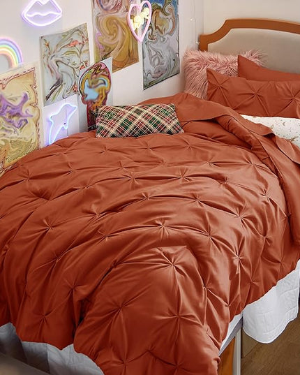 Bedsure Twin Size Comforter Sets - 5 Pieces Pintuck Bed Set Twin Size, Orange Twin Size Bed in a Bag with Comforter, Sheets, Pillowcase & Sham - LeafyLoom
