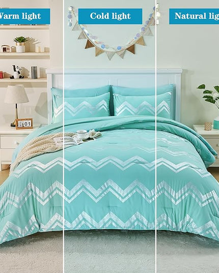 Wowelife Teal Comforter Set Queen7 Pieces Blue Glitter Metallic Bedding Set Full Teal Kids Comforter Set Breathable with Comforter, Flat Sheet, Fitted Sheet, 2 Pillow Shams and 2 Pillowcases - LeafyLoom