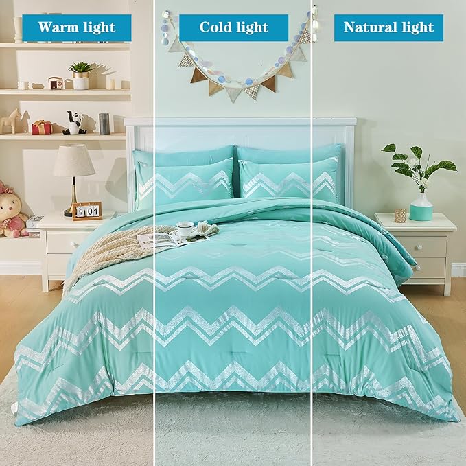Wowelife Teal Comforter Set Queen7 Pieces Blue Glitter Metallic Bedding Set Full Teal Kids Comforter Set Breathable with Comforter, Flat Sheet, Fitted Sheet, 2 Pillow Shams and 2 Pillowcases - LeafyLoom