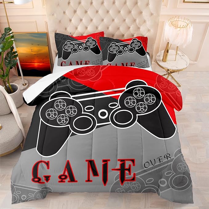 Gaming Bedding Sets for Boys Bedroom Fluffy Video Gamer Comforter Set Twin Size Black Red Game Controller Beddings for Kids Teens 1 Comforter and 1 Pillowcase - LeafyLoom