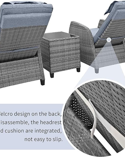 Patio Furniture Sets 3 Piece Outdoor, PE Wicker Rattan 2-Person ConversationSets with Adjustable Backrest Recliner Lounge Chairs and Coffee Table, Comforty Cushions, for Lawn Balcony, Gray - LeafyLoom