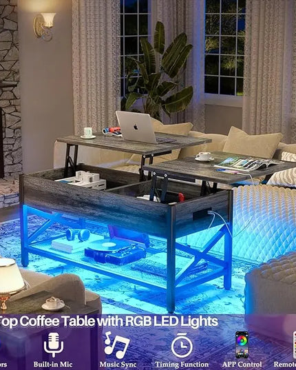 Aheaplus Coffee Table, Lift Top Coffee Table with LED light and Power Outlet, Modern Lift-Top Table with Storage Shelf, Center Table for Living Room, Lift Tabletop, X Support, Metal Frame, Black Oak - LeafyLoom