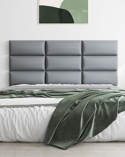 Tbfit Upholstered Wall Mounted Headboard for King Size Bed, Soundproof Peel and Stick Headboards, Tufted Floating Dorm Bed Headboard, Pack of 12 Panels Sized 10” x 24”, Leather Grey - LeafyLoom