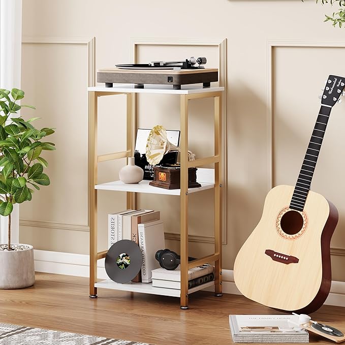 Small Bookshelf for Small Spaces, 3 Tier White and Gold Bookcase Night Stand, Narrow Gold Bedside Book Shelf, Short Bookshelf Storage Organizer for Bedroom, Living Room, Home, Office, White&Gold - LeafyLoom