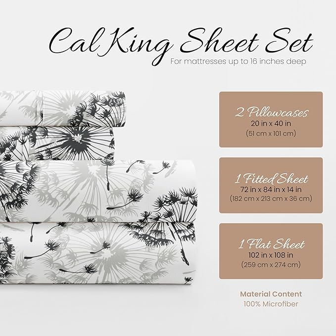 Linen Market 4 Piece California King Bedding Sheet Set (Gray Floral) - Sleep Better Than Ever with These Ultra-Soft & Cooling Bed Sheets for Your Cal King Size Bed - Deep Pocket Fits 16" Mattress - LeafyLoom