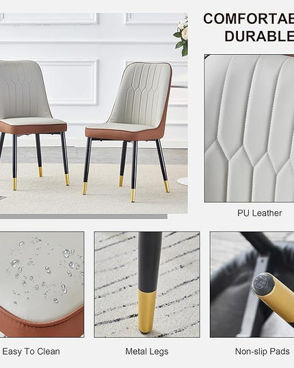 Modern Set of 2, Faux Leather Dining PU Upholstered Kitchen Chair with Black Golden Metal Legs for Home Living Room, Restaurant, 2 Piece, Brown+light Gray - LeafyLoom
