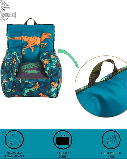Idea Nuova Jurassic World 2 Kids Nylon Bean Bag Chair with Piping & Top Carry Handle, Blue, 18" H x 18" W - LeafyLoom