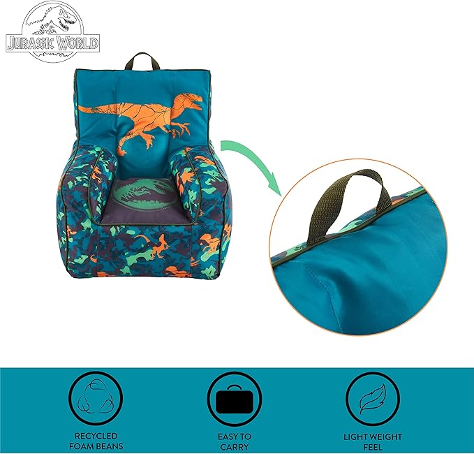 Idea Nuova Jurassic World 2 Kids Nylon Bean Bag Chair with Piping & Top Carry Handle, Blue, 18" H x 18" W - LeafyLoom