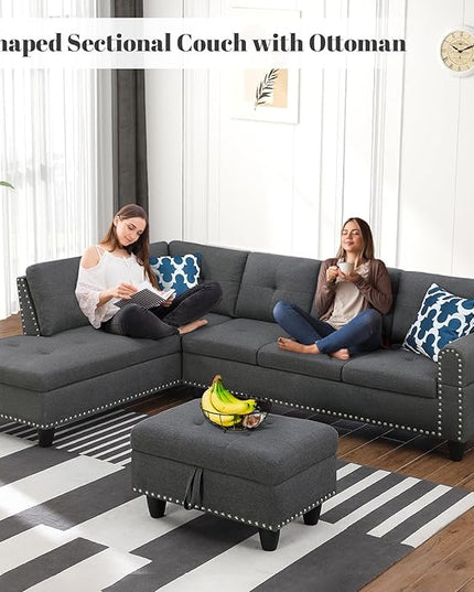 L Shaped Sectional Couch with Ottoman and Pillows 2 Cup Holders Design Living Room Furniture Sets for Apartment, Office, Dark Gray - LeafyLoom
