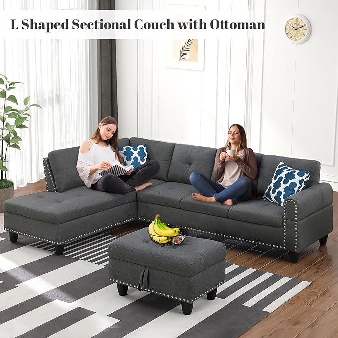 L Shaped Sectional Couch with Ottoman and Pillows 2 Cup Holders Design Living Room Furniture Sets for Apartment, Office, Dark Gray - LeafyLoom