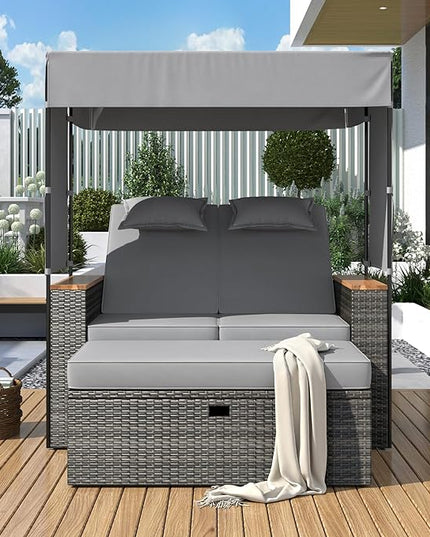Outdoor Conversation, 2-Piece Patio Bench Rattan Roof Set, Effective UV Protection Waterproof Cushions and Adjustable Backrest for Garden, Backyard and Porch, Zg-Grey Wicker + Grey Fabric - LeafyLoom