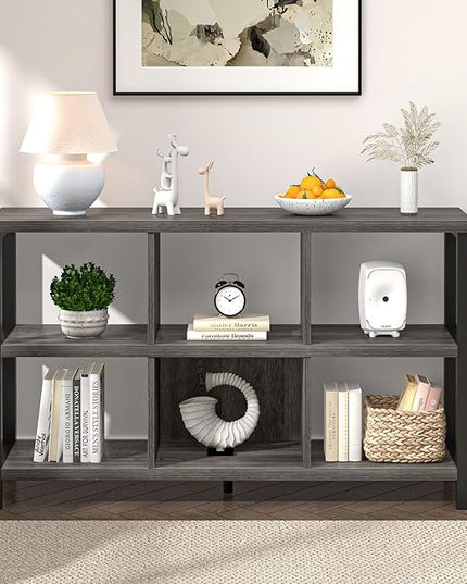 FOLUBAN 6 Cube Storage Organizer with Shelf, Wood and Metal Cubby Bookcase, Industrial Low Horizontal Bookshelf (Dark Grey, 47 Inch) - LeafyLoom